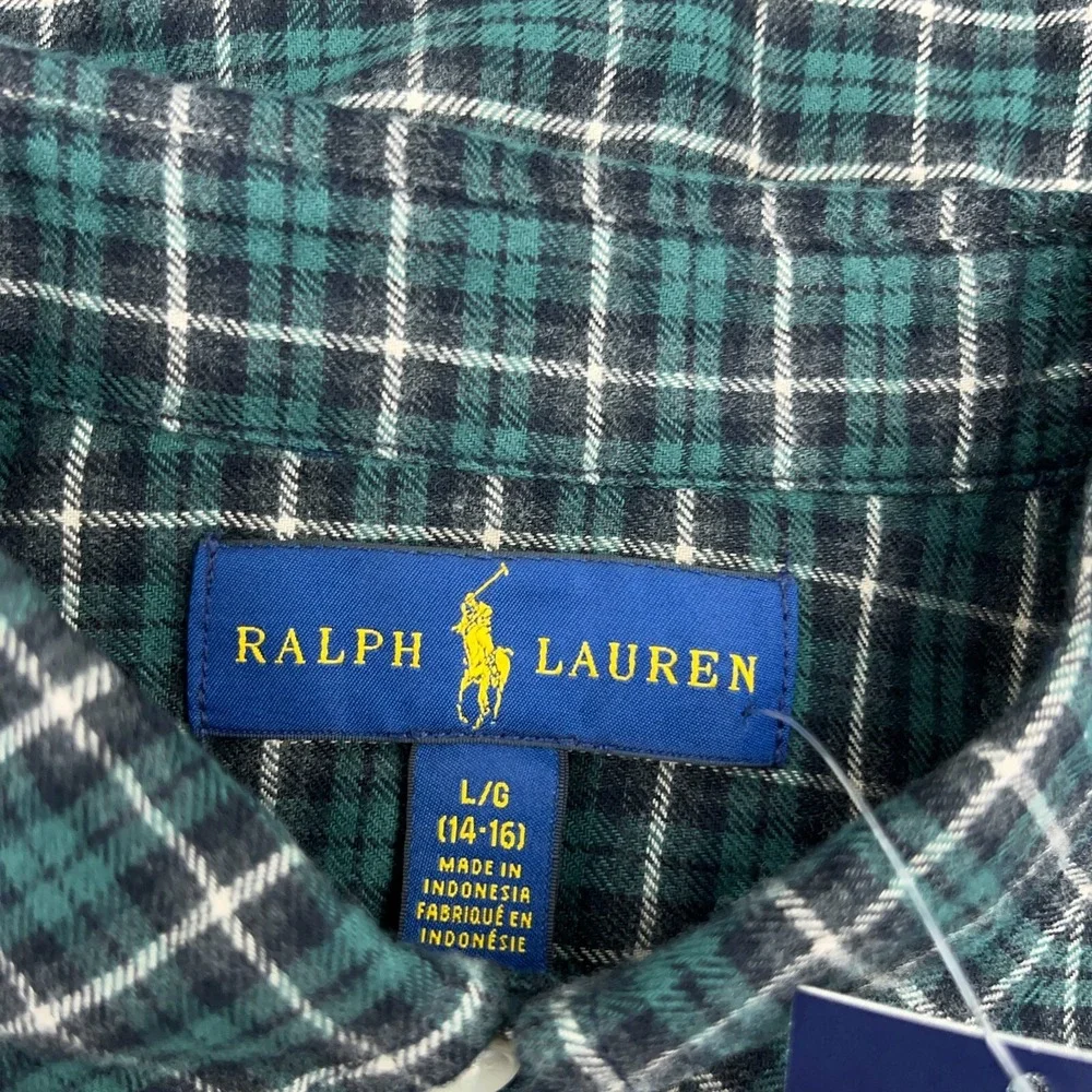 Ralph Lauren Shirt Boys Large Green Black Flannel‎ Button Up Tartan Plaid Youth